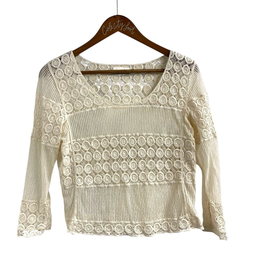 SJS Crochet Top Ivory Semi Sheer Vintage Cottagecore Coquette VTG